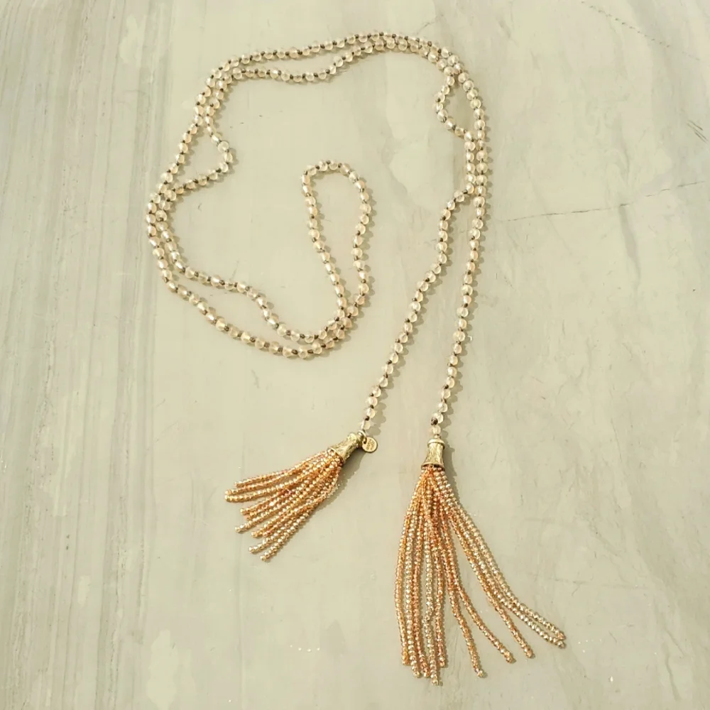 Marlyn Schiff Elegant Crystal Beads  and Gold Tassel Layered Necklace